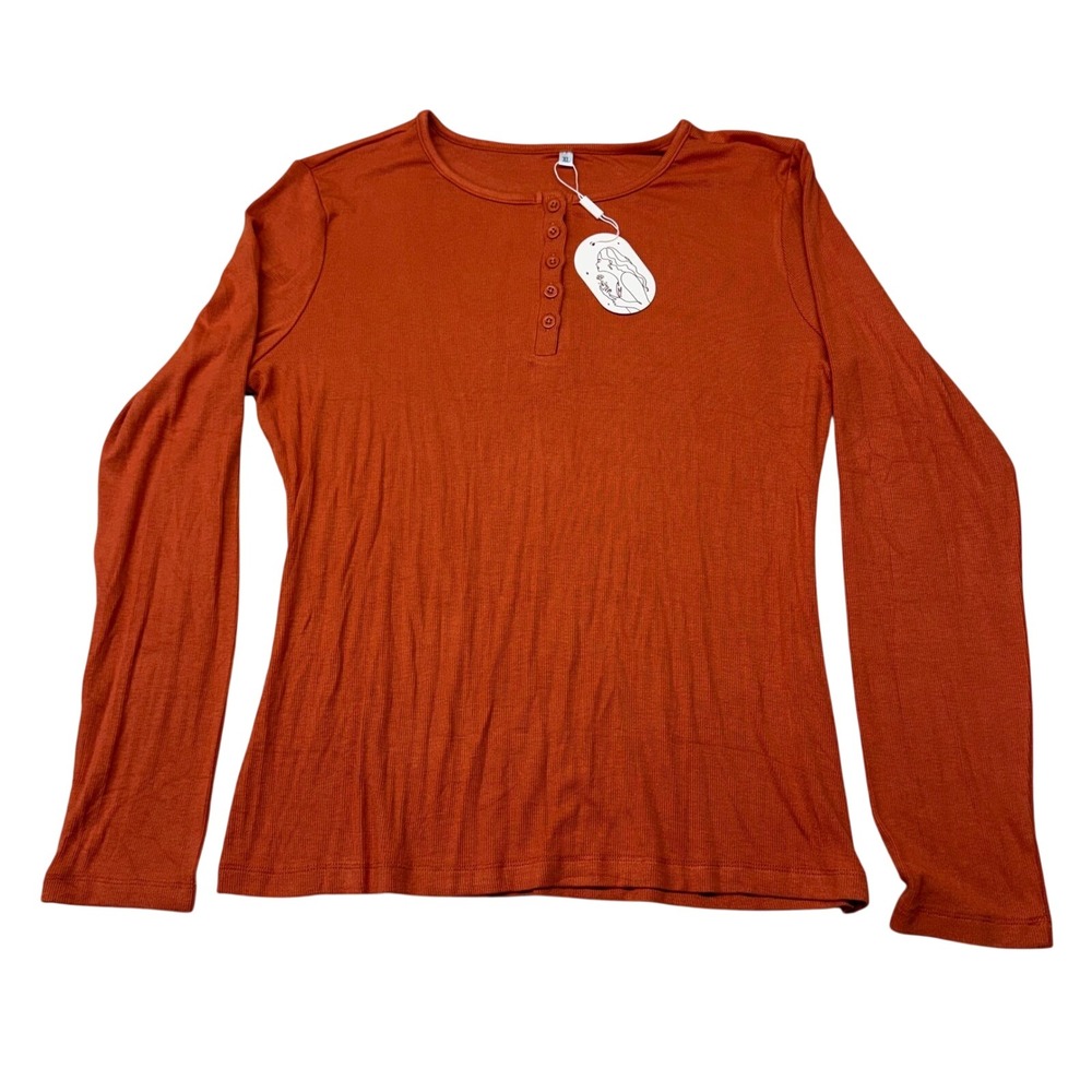 Womens Burnt Orange Ribbedβ Long Sleeve Henley Top XL HF-000034